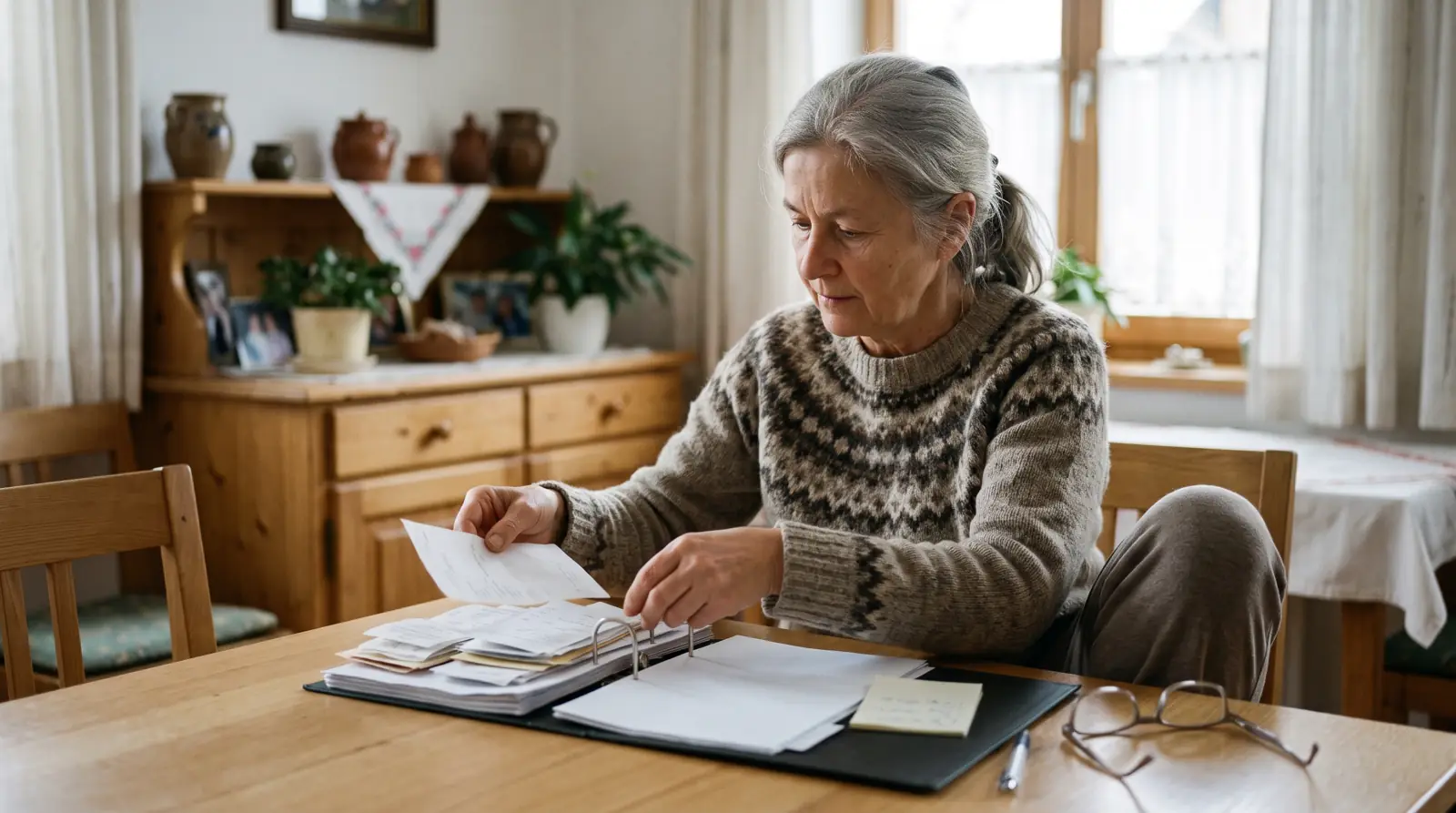 Eine Frau um die siebzig sortiert am Esstisch Belege und Blätter in einen Ordner.