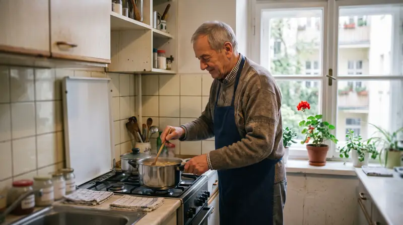 Ein Mann Ende siebzig kocht in einer kleinen, ordentlichen Küche eine Suppe am Gasherd.