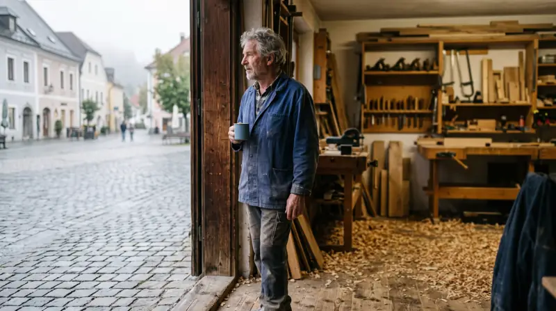 Ein Mann Anfang sechzig in Arbeitsjacke steht mit einer Tasse in der Tür einer Tischlerwerkstatt in einer Kleinstadt.