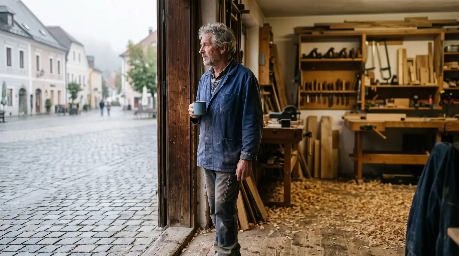 Ein Mann Anfang sechzig in Arbeitsjacke steht mit einer Tasse in der Tür einer Tischlerwerkstatt in einer Kleinstadt.