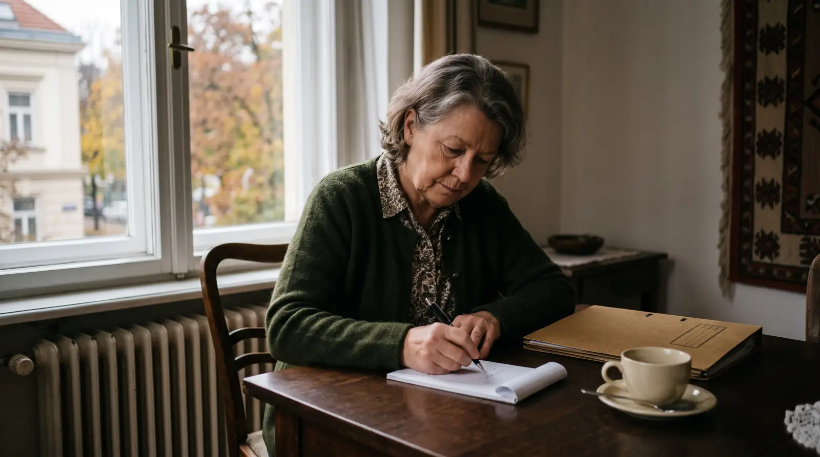 Eine Frau um die siebzig schreibt an einem Tisch beim Fenster eine Notiz, daneben eine geschlossene Mappe und eine Tasse Kaffee.