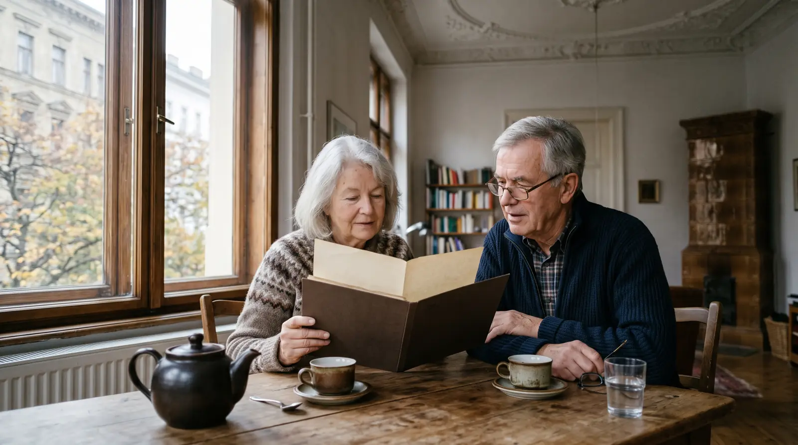 Ein Ehepaar über siebzig sitzt in einer Wiener Altbauwohnung am Küchentisch und sieht gemeinsam in eine Mappe mit Unterlagen.