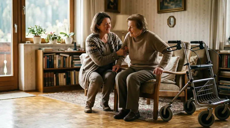 Eine Frau um die fünfzig hilft ihrer hochbetagten Mutter im Wohnzimmer beim Aufstehen aus dem Lehnstuhl.