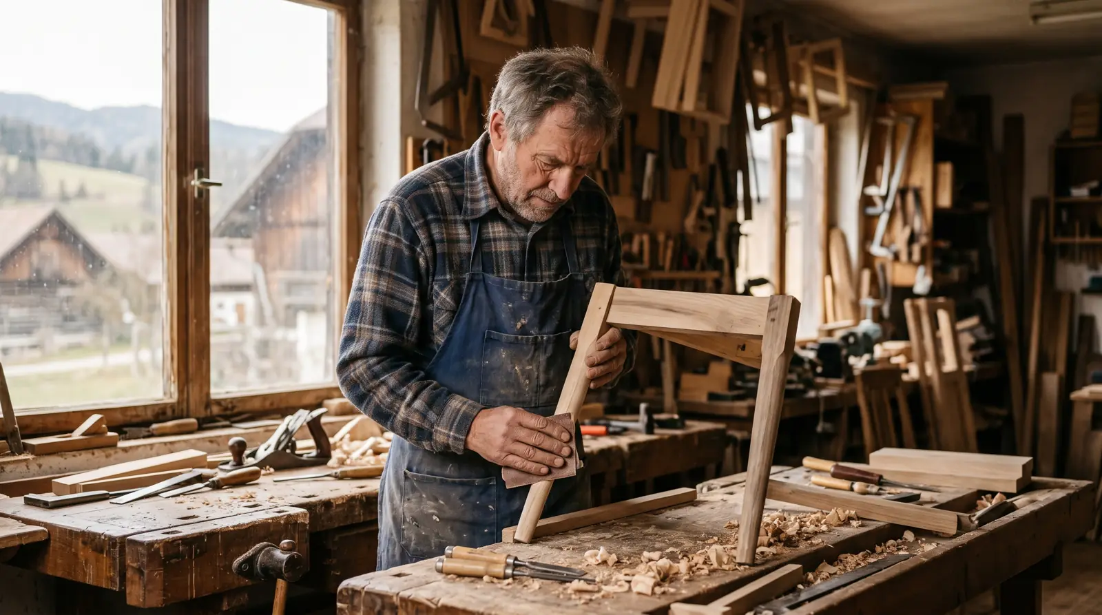 Ein Tischler um die siebzig schleift in seiner Werkstatt an einem Holzstuhl.