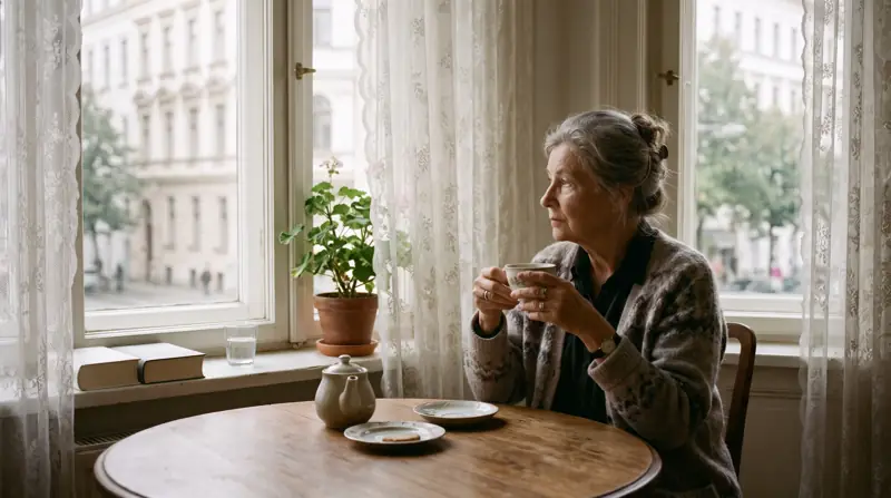 Eine Frau Mitte siebzig sitzt mit einer Teetasse an einem runden Tisch beim Fenster und blickt hinaus.